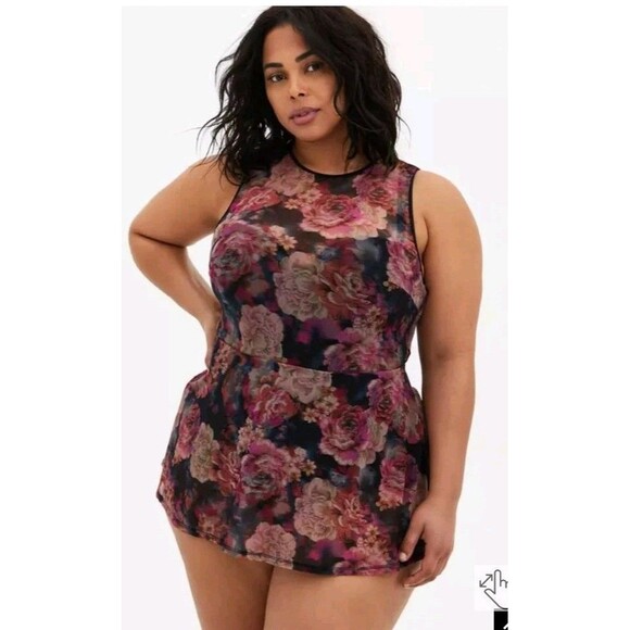 Torrid Swimsuit Swim Dress Peplum Underwire Floral Mesh Plus 6D/DD - Picture 1 of 8